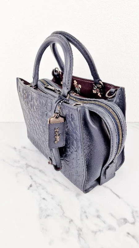 Best bags for photographersCoach Rogue 25 in Midnight Navy Blue Signature Embossed Smooth Leather with Burgundy Floral Bow Leather Lining - Coach 26839