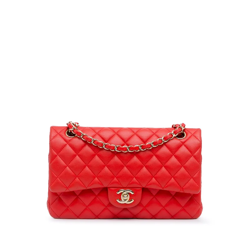 Designer bags with top handlesRed Chanel Medium Classic Lambskin Double Flap Shoulder Bag