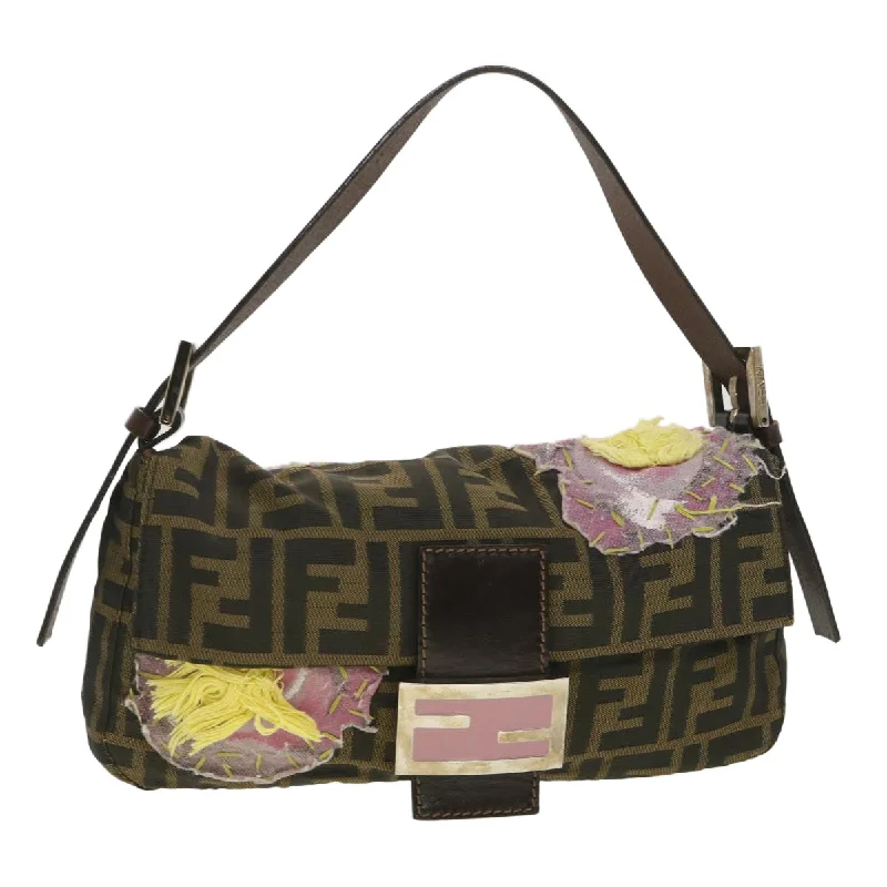 Affordable designer bag dupesFENDI Zucca Canvas flower embroidery Mamma Baguette Shoulder Brown  tb552