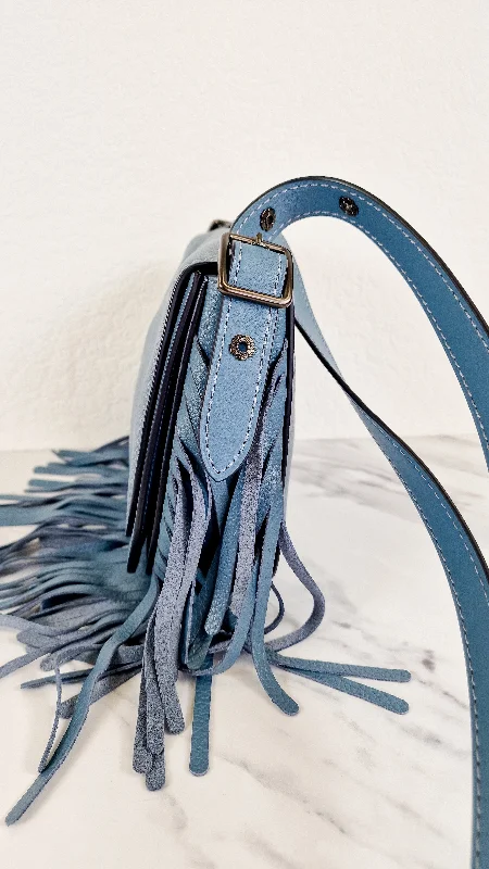 Best-selling designer bags 2025Coach 1941 Saddle 23 with Fringe in Blue Pebbled Leather with Tea Rose Detail - Crossbody Flap Bag - Coach 29240