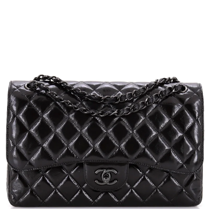 Best-selling designer bags 2025So Black Classic Double Flap Bag Quilted Shiny Crumpled Calfskin Jumbo