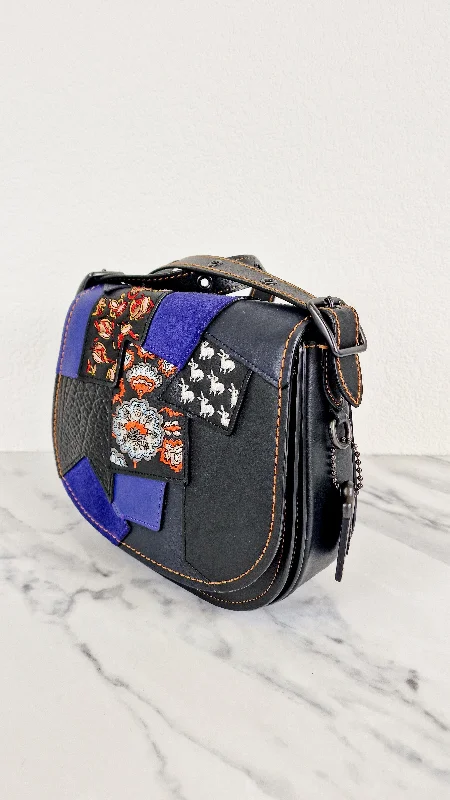 Affordable designer bag dupesCoach 1941 Saddle 23 Bag in Black Smooth Leather with Patchwork Detail - Purple Orange Crossbody Shoulder Bag Coach 56639