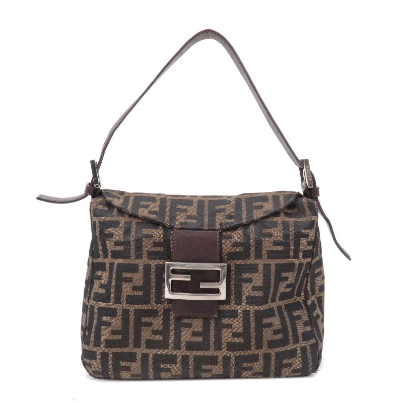 Trendy bucket bags for summerFENDI Zucca Canvas Leather Shoulder Bag Brown Black 26426