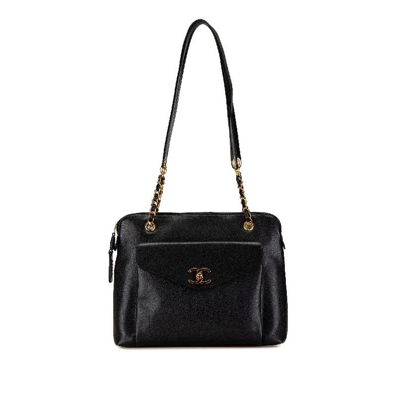 Durable leather bags for daily useBlack Chanel Caviar Front Pocket Chain Tote