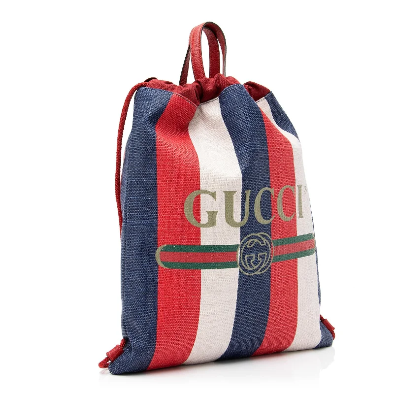 Trendy bucket bags for summerGucci Canvas Sylvie Stripe Logo Drawstring Backpack (23707)