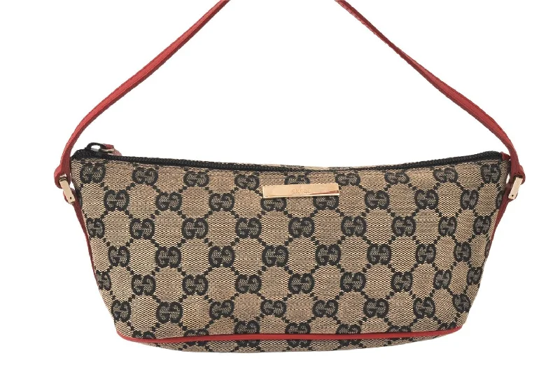 Affordable luxury bags Authentic GUCCI Hand Bag Pouch Purse GG Canvas Leather 0391103 Black Red 4331K