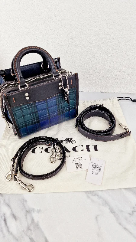 Designer bags with gold hardwareCoach Rogue 20 Tartan Plaid Print Blue Green Black Crossbody Bag Handbag - Coach CH385