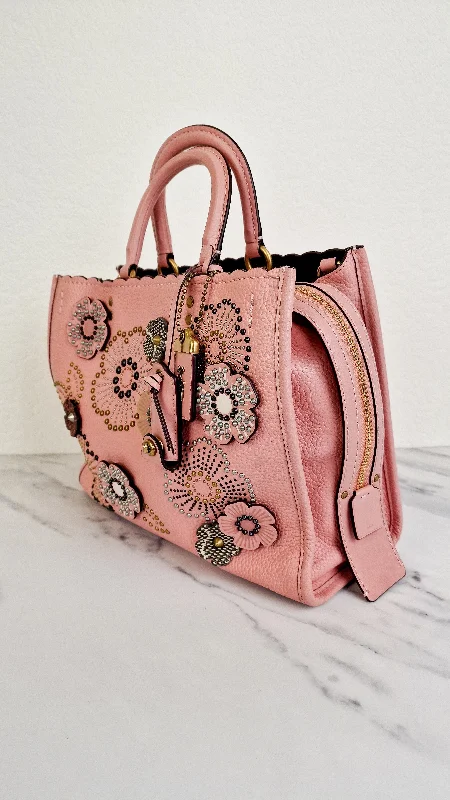 Affordable luxury bags Coach 1941 Rogue 31 in Peony Pink With Snakeskin Tea Roses & Rivets - Handbag With Flowers - Coach 26890