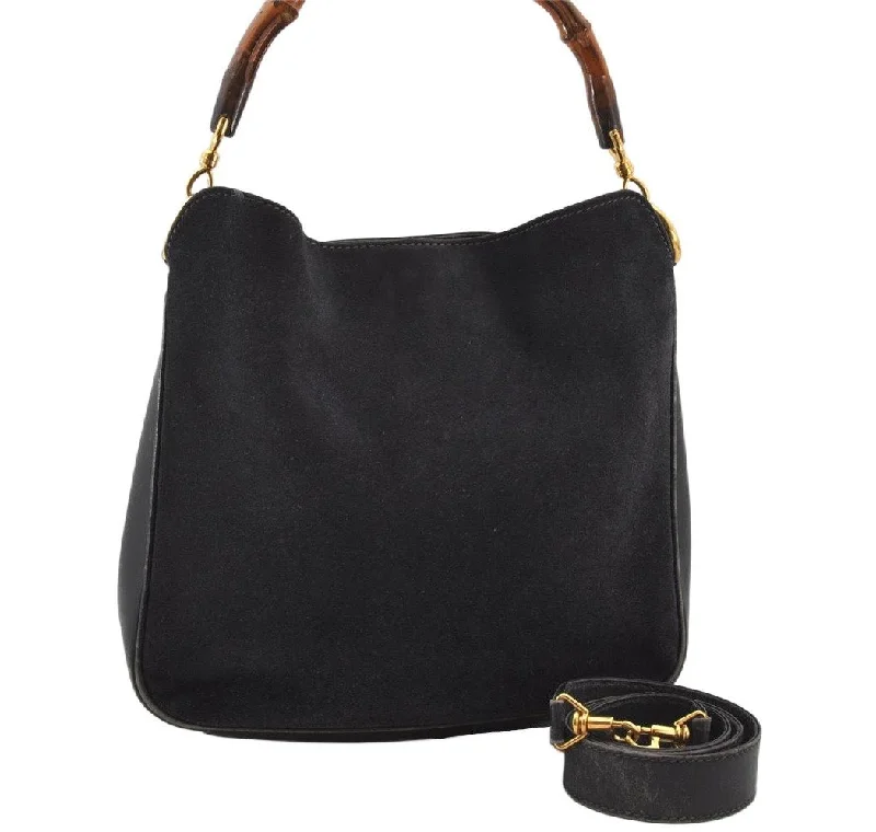 Minimalist leather handbagsAuthentic GUCCI Bamboo 2Way Shoulder Hand Bag Suede Leather Black Junk 4221K