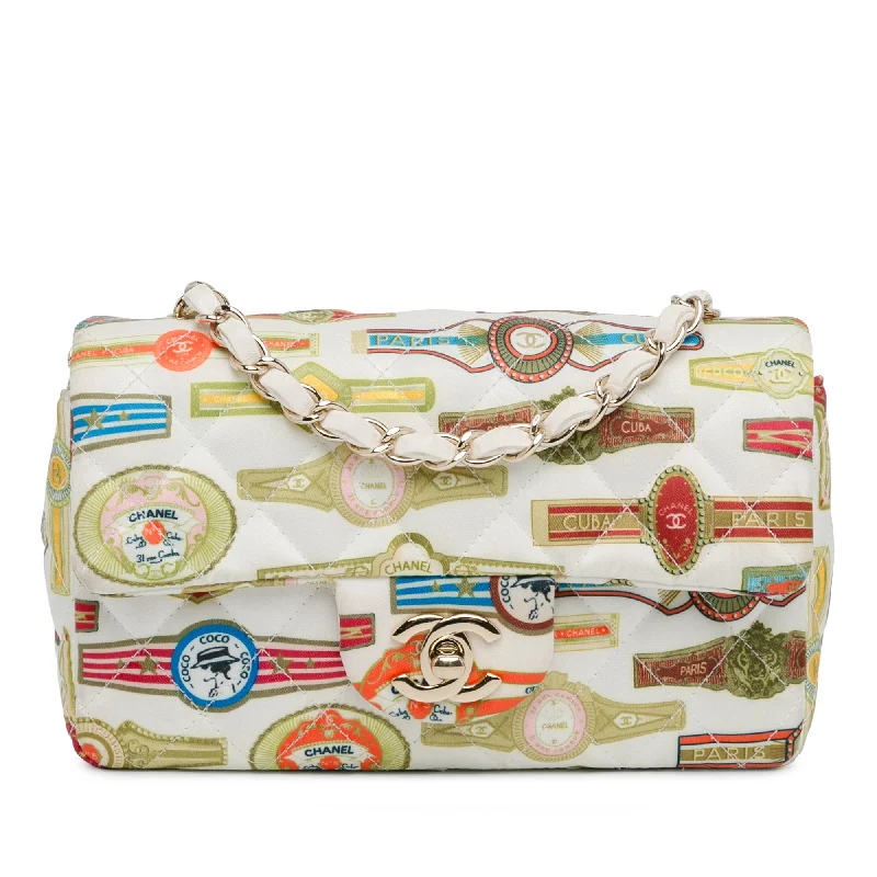 Vintage-inspired handbagsWhite Chanel Mini Rectangular Classic Printed Satin Cuba Single Flap Crossbody Bag