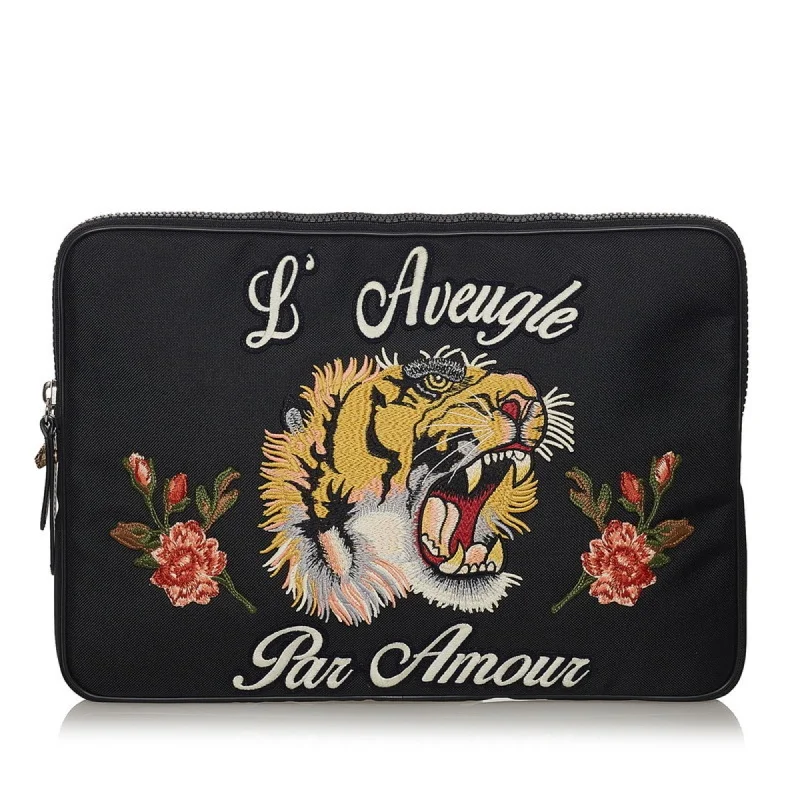 Eco-friendly tote bags for shoppingGucci Embroidered Tiger Clutch Bag Laptop Case 473884 Black Canvas Ladies Gucci