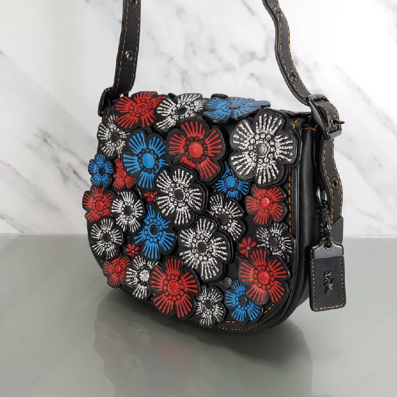 Large capacity travel bagsCoach 1941 Saddle 23 Bag in Black with Red, White & Blue Tea Roses Crossbody Shoulder Bag