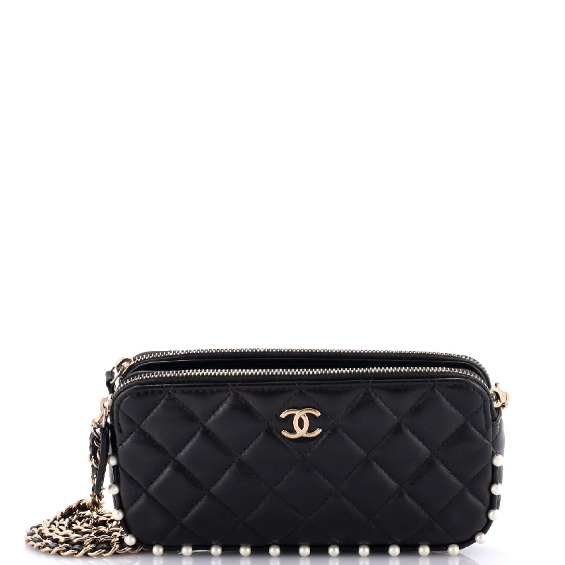 Water-resistant travel backpacksDouble Zip Clutch with Chain Quilted Calfskin with Pearl Detail