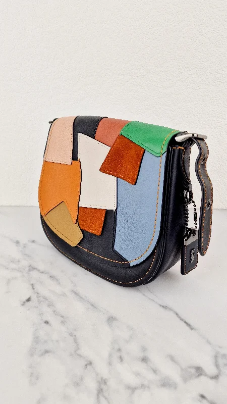 Trendy bucket bags for summerCoach 1941 Saddle 23 Bag in Black with Patchwork Orange Blue Green - Crossbody Shoulder Bag Coach 38482