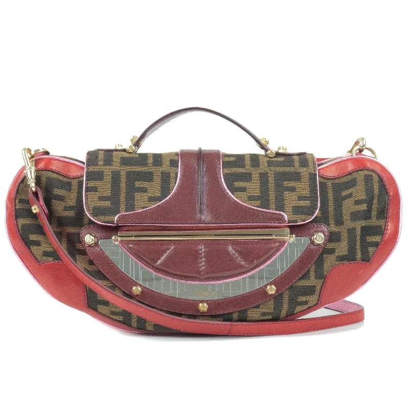 Mini bags for evening outFENDI Zucca Canvas Leather 2Way Bag HandBag Beige Brown Red 8BN133