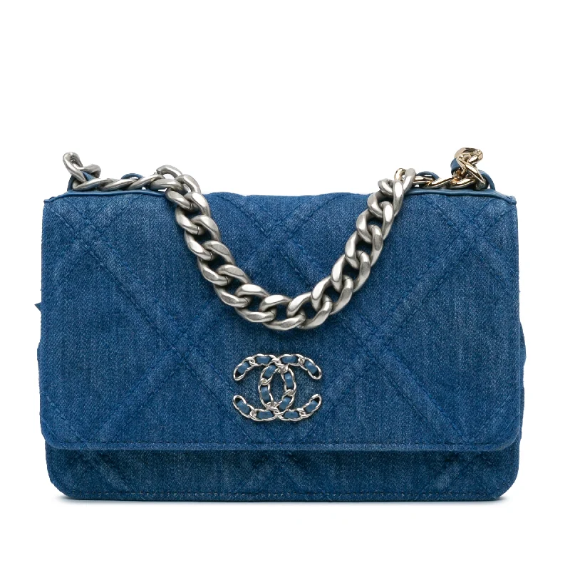 Affordable luxury bags Blue Chanel Denim 19 Flap Wallet On Chain Satchel