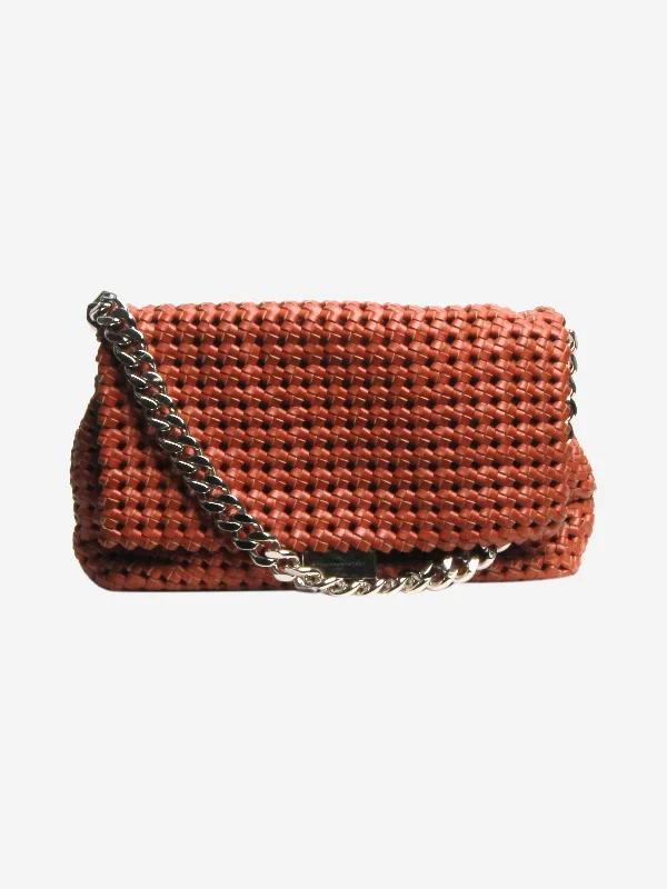 Designer bags with gold hardwareTan woven faux-leather shoulder bag