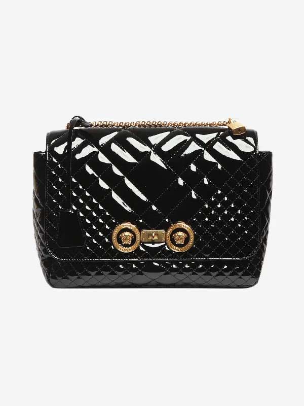 Customizable monogram bagsBlack patent quilted shoulder bag