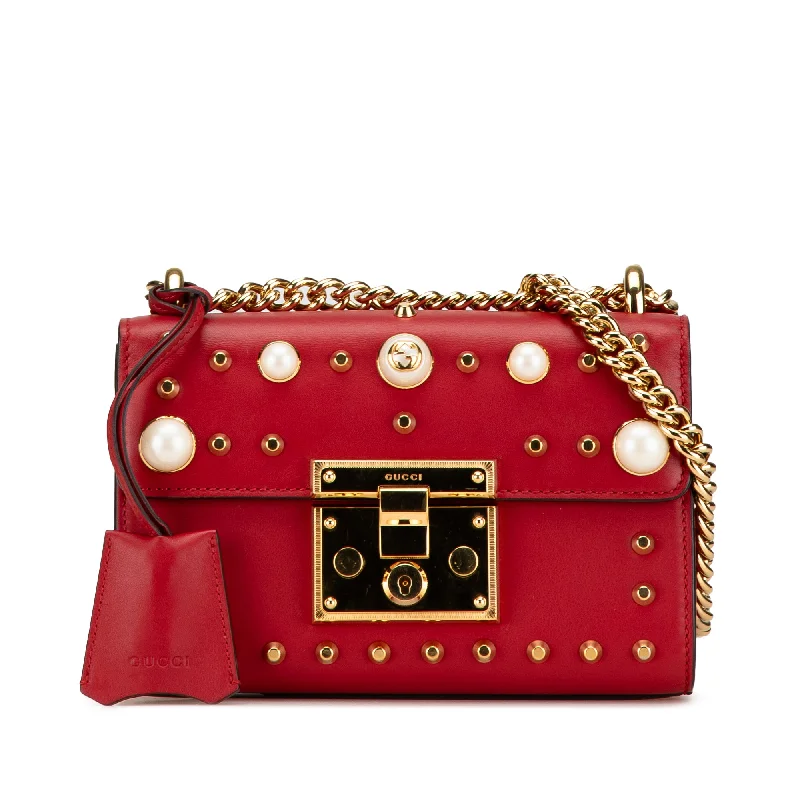 Elegant clutch bags for weddingsRed Gucci Small Pearl Studded Leather Padlock Crossbody