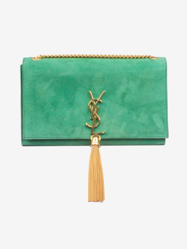 Customizable monogram bagsGreen suede Kate tassel shoulder bag