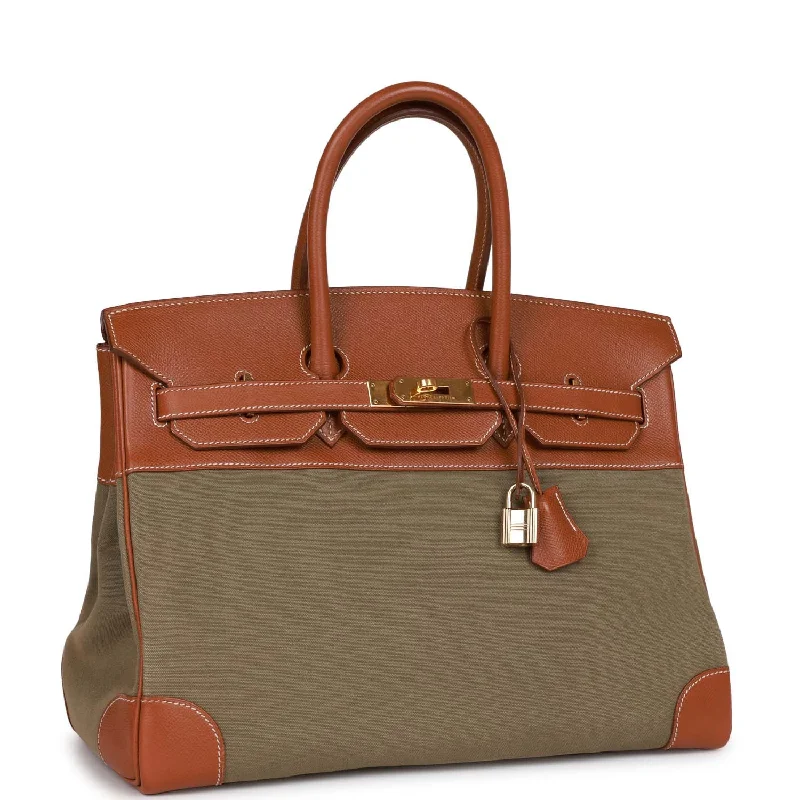 Designer bags with gold hardwareVintage Hermes Birkin 35 Gold Courchevel and Olive Toile H Gold Hardware