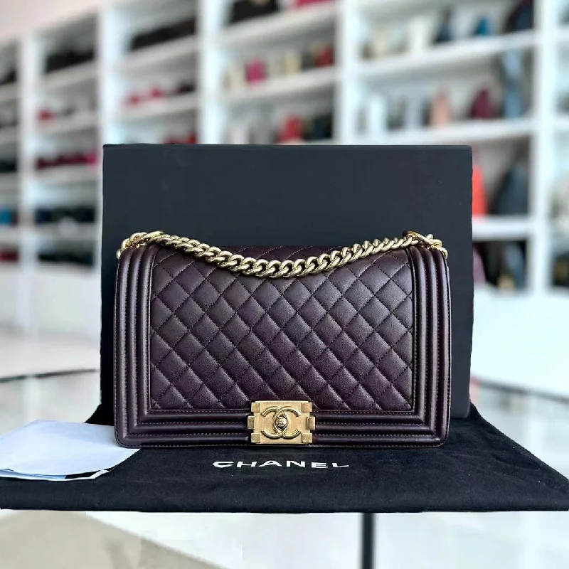 Elegant clutch bags for weddingsBoy New Medium 28CM Quilted Lambskin Dark Purple Burgundy Golden Hardware Series 23