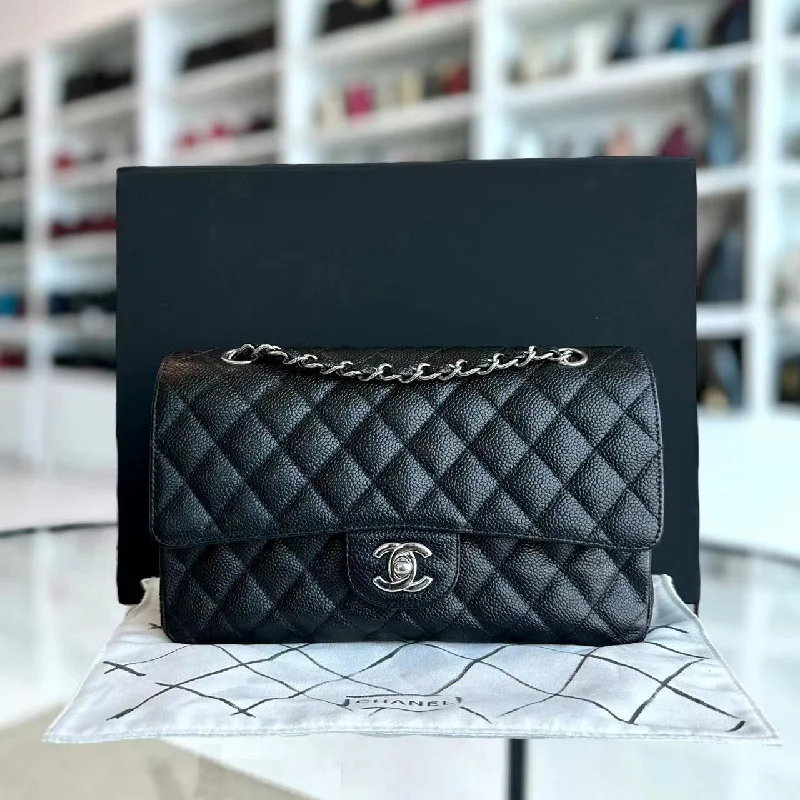 Luxury brand bags on saleCaviar Double Flap Quilted Grained Calfskin Black Silver Hardware Series 13