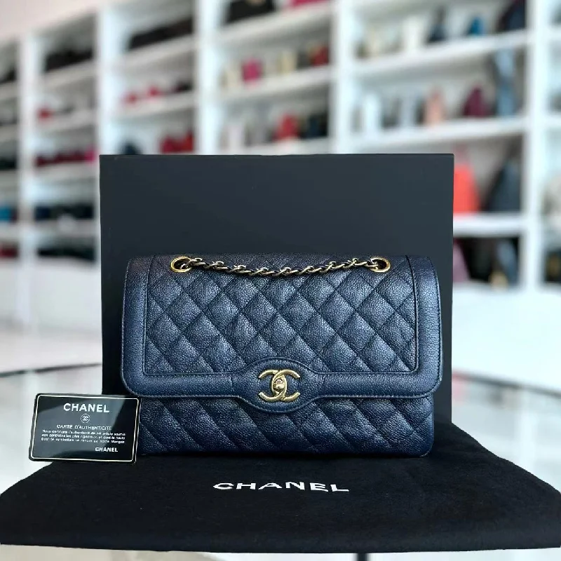 Trendy transparent PVC bagsCaviar Single Flap Quilted Calfskin Navy Blue Golden Hardware Series 21