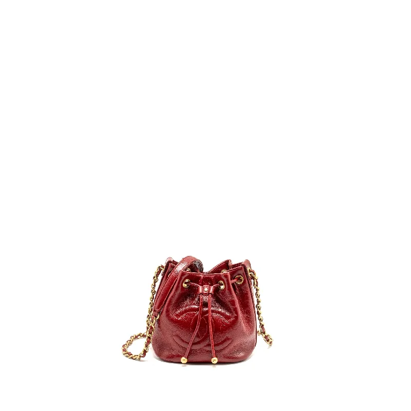 Designer bags with top handlesChanel CC Drawstring Mini Bucket Bag Shiny Aged Calfskin Red GHW