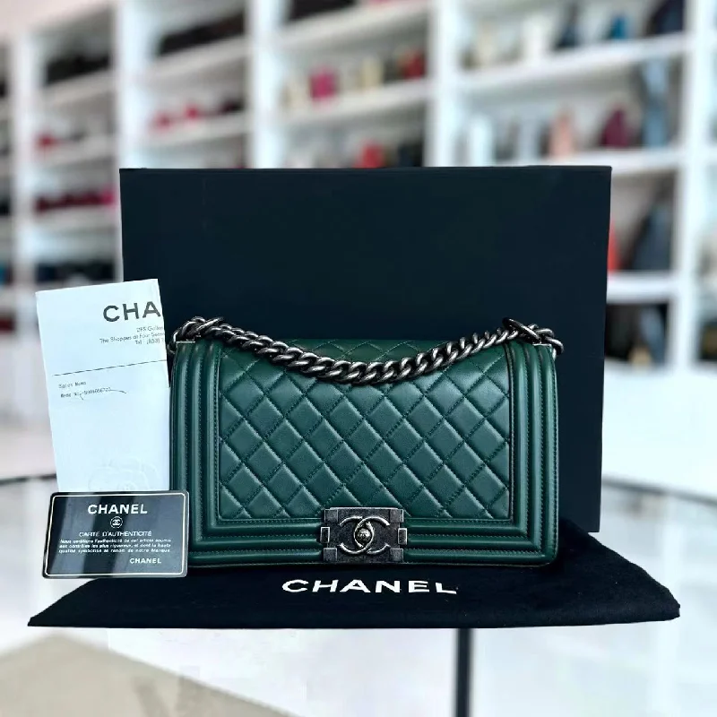 Elegant clutch bags for weddings*Full Set, Receipt* Boy Old Medium 25CM Quilted Lambskin Dark Green Leboy Silver Hardware Series 21