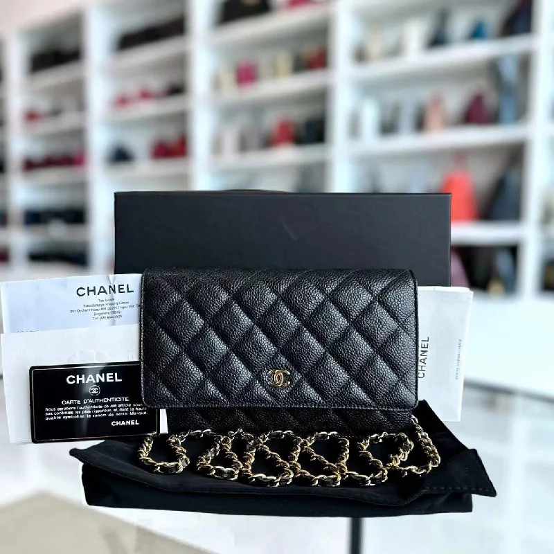 Affordable luxury bags *Like New, Receipt Full Set* Caviar WOC Wallet On Chain Quilted Grained Calfskin Black Golden Hardware Series 31