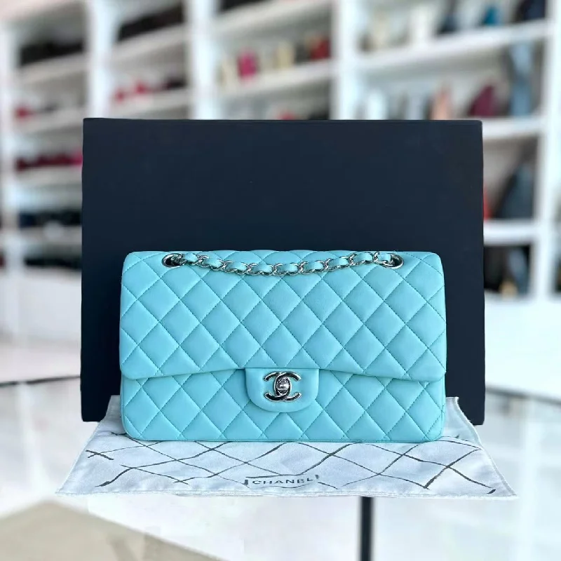 Elegant clutch bags for weddings*Series 27* Double Flap Quilted Lambskin Tiffany Blue Silver Hardware Series 27