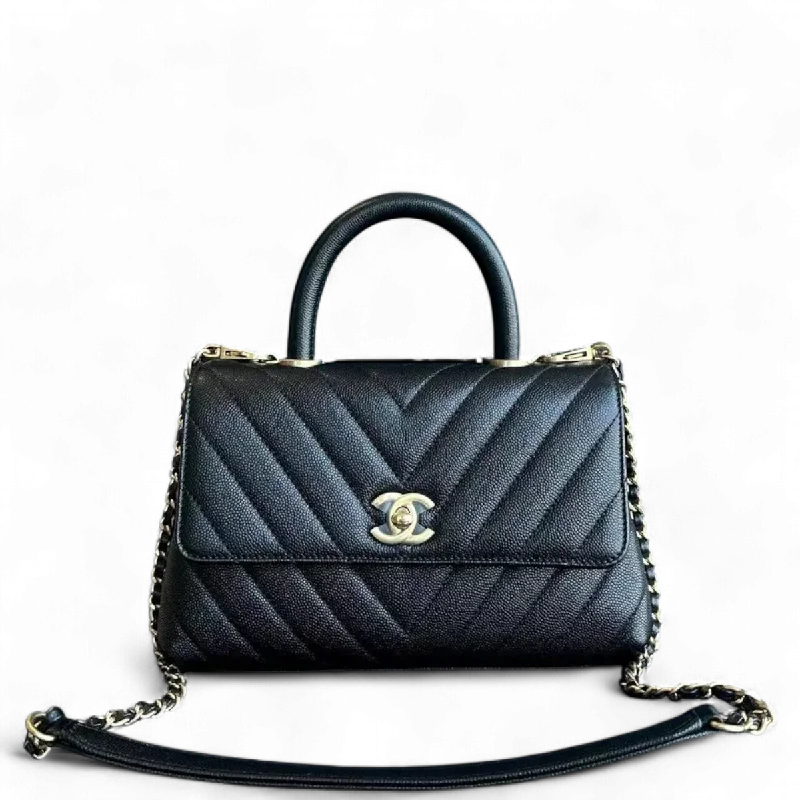 Compact crossbody bags for travel*Unused* Caviar Coco Handle Small Chevron Grained Calfskin Black Golden Hardware